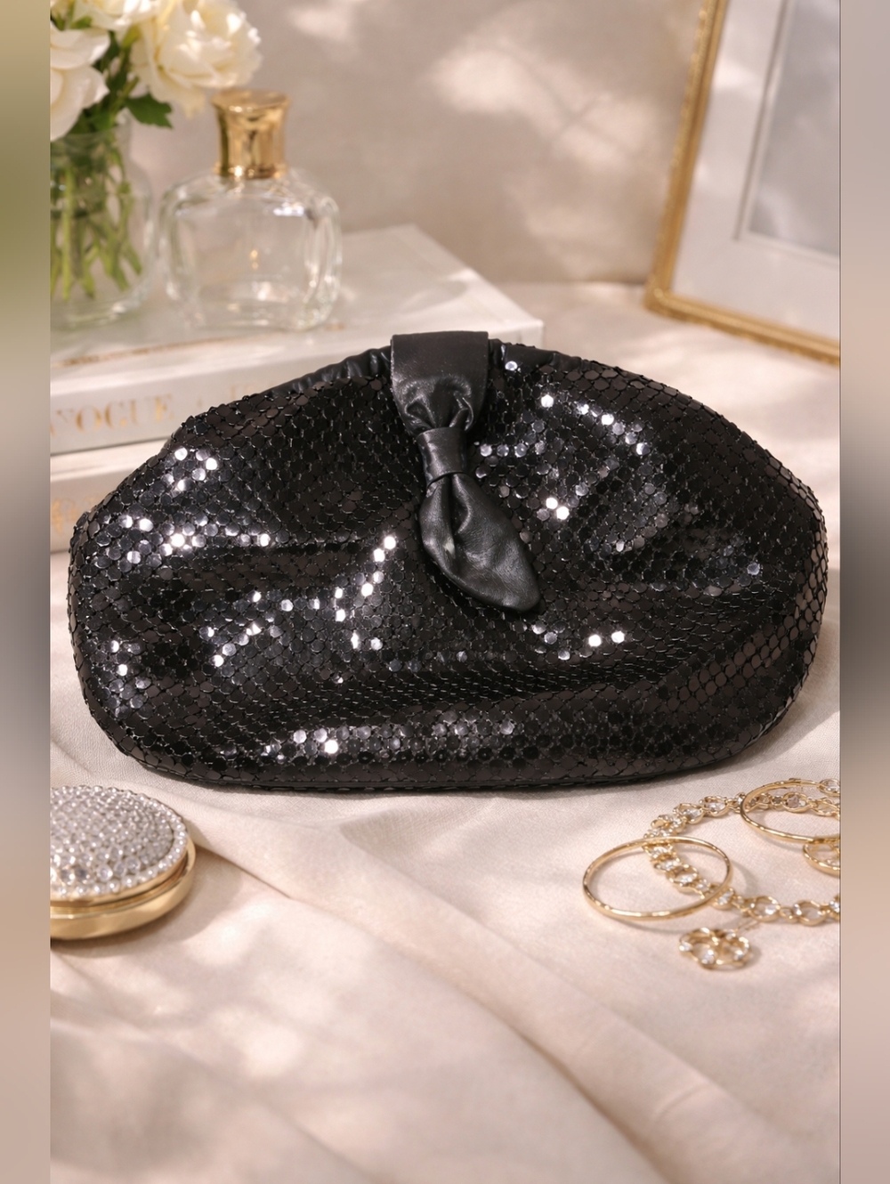 Vintage Black Metal Mesh Clutch Evening Bag Y2K Party Formal Retro 60s